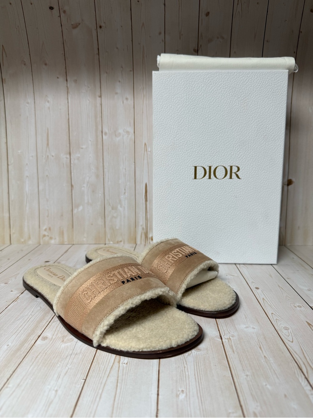 Christian Dior Suede Shearling Embroidered Dway Slide Sandals Cookie Sz 42 / 12